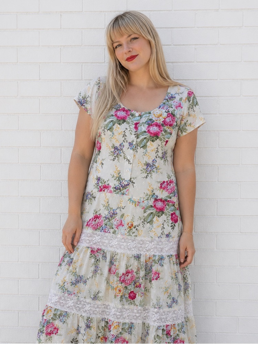 Vintage White Floral Eyelet Lace Prairie Cottagecore Maxi Dress Women Size 14